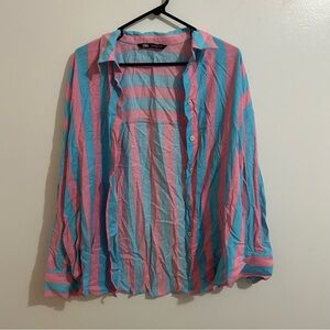 Women’s Zara Coral and Aqua Striped Long Sleeve Button Down Shirt Size Small